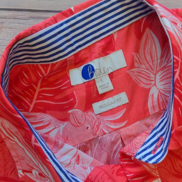 Boden Men's Short Sleeve Collared Shirt - L Peach Melba Parakeet Palm Red - Picture 3 of 4